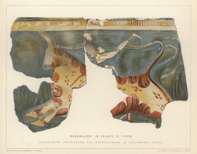 Veggmaleri fra det mykenske palasset i Tiryns, Hellas, gravd ut av den tyske arkeologen Heinrich Schliemann (farge litho) av German School