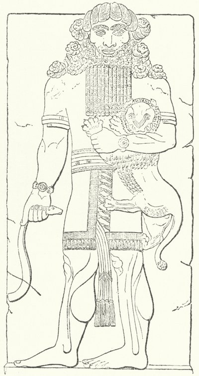 Veggrelieff av Gilgamesh fra ruinene av Dur-Sharrukin, hovedstaden til assyrerne på kong Sargon IIs tid (gravering) av German School