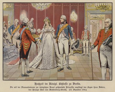 Bryllup av kronprins Frederick William av Preussen og prinsesse Louise av Mecklenburg-Strelitz i det kongelige palasset, Berlin, 24. desember 1793 (farge litho) av German School