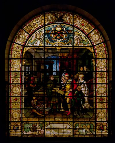 William Caxton viser sin første trykte bok til Edward IV og hans kone, Elizabeth Woodville i 1477, av Mayer og Co., München-basert firma aktiv i London, ca. 1880 (glassmaleri) av German School