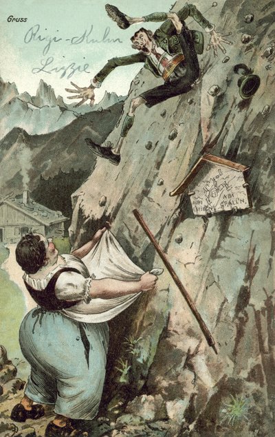 Kvinne som fanger mann som faller fra fjellet (farge litho) av German School