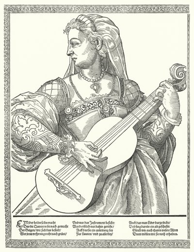 Kvinne spiller gitar (gravering) av German School