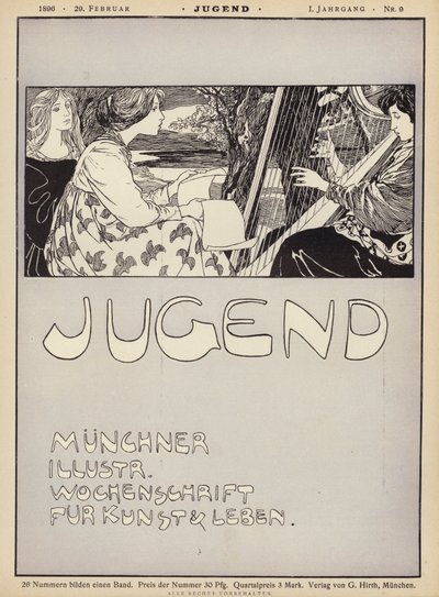 Kvinne spiller harpe (litho) av German School