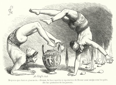 Kvinner som utfører gymnastikk i antikkens Hellas: sverddans og fylle et kar med føttene (litho) av German School