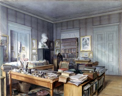 Arbeidsrom til Wilhelm Grimm (1786 -1859) i Berlin, Linkstrasse 7. Gravering av hr. Hoffmann. Nasjonalmuseet, Nürnberg. 1860. av German School