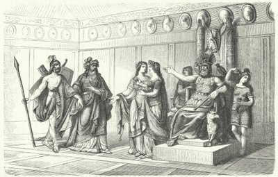Wotan mottar musikerne introdusert av Bragi, guden for poesi og sang (gravering) av German School