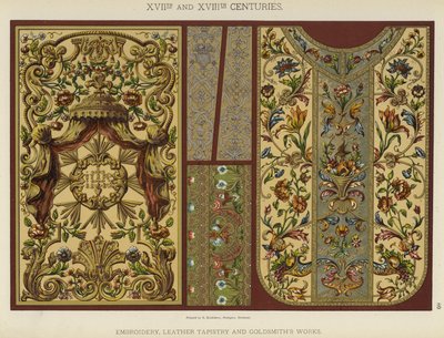 XVII. og XVIII. århundre, broderi, lærtapet og gullsmedarbeider (farge litho) av German School