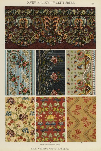 XVII. og XVIII. århundre, blondeveving og broderi (farge litho) av German School