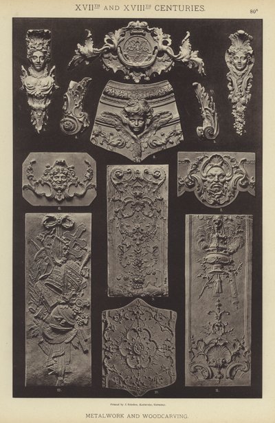 XVII. og XVIII. århundre, metallarbeid og treskjæring (farge litho) av German School