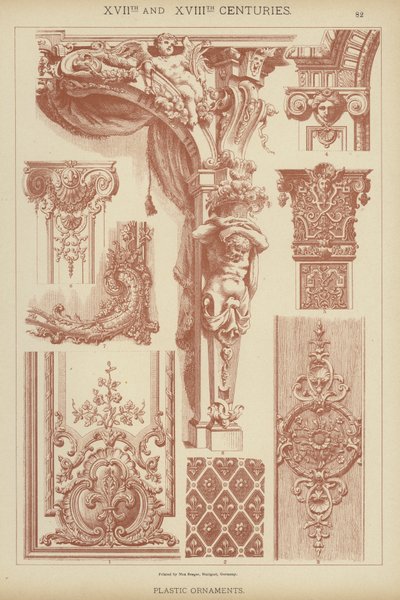XVII. og XVIII. århundre, plastpynt (farge litho) av German School