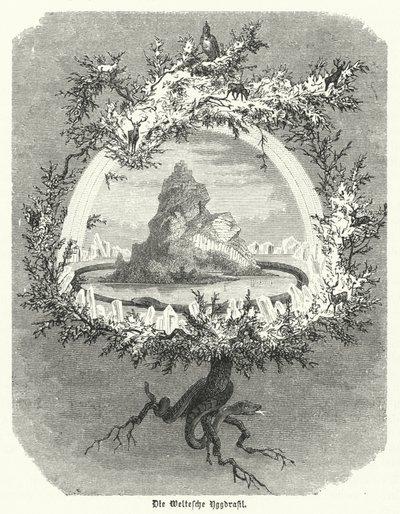 Yggdrasil, mytisk asketre fra norrøn kosmologi (gravering) av German School