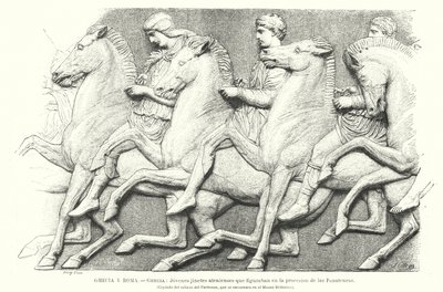 Unge athenske ryttere, kopi av en del av Parthenon-frisen fra Athen, antikkens Hellas (litho) av German School