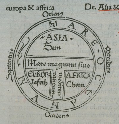 f.177v T-in-O kart, med boktrykk stedsnavn, fra Isidore of Sevilla, Liber Etimologiarvm av German School