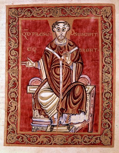 Eveque Egbert de Treves mottar psalteren fra hendene til munken Rudprecht (ikke representert her) - Miniatyr av Codex of Egbert (Codex Egberti) av skolen i Reichenau, 980 - Cividale del friuli, museo archeologico eller Cathedrale de Civid av German School