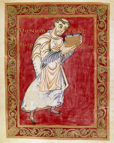 Munken Ruodprecht tar med manuskriptet til buen Egbert de Treves (977-993) Miniatyr av Codex of Egbert (Codex Egberti) av skolen i Reichenau. Cividale del Friuli, Museo Archeologico eller Cathedrale de Cividale av German School