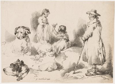 Studier av barn, to små jenter, to hunder, en mann, 1793. av Gerrard Street J. Harris Soho