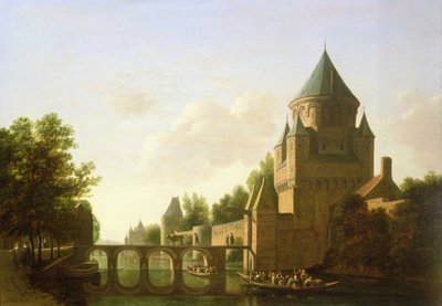 Kveldsutsikt over Kleine Houtpoort i Haarlem (panel) av Gerrit Adriaensz Berckheyde