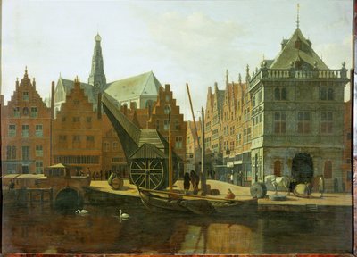 Haarlem havn med offentlige vekter og spiret til Saint Bavon i bakgrunnen av Gerrit Adriaensz Berckheyde