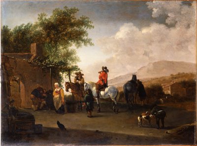 Reisende på hesteryggen tar en forfriskning på et fjellovergang, i et italiensk landskap av Gerrit Adriaensz Berckheyde