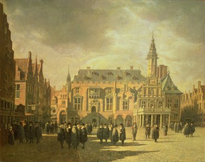 Utsikt over rådhuset på markedsplassen i Haarlem av Gerrit Adriaensz Berckheyde