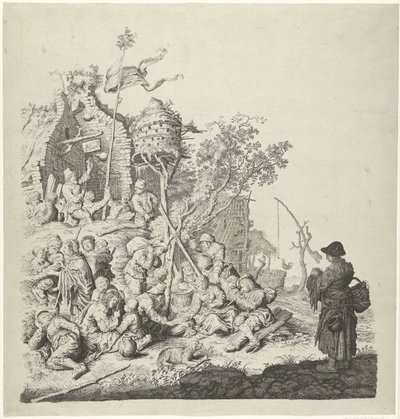 Gruppe romer på et vertshus med et dueslag av Gerrit Adriaensz. de Heer
