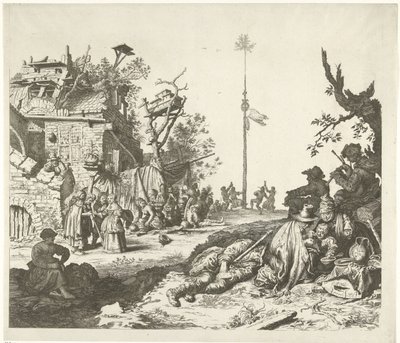 Hvilende Roma-familie foran et nedslitt vertshus av Gerrit Adriaensz. de Heer