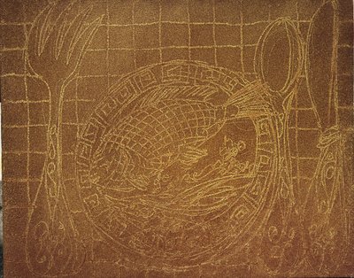 Visdiner (Stilleben med fisketallerken). 2010 (sand og akryl på lerret) av Gerrit Greve