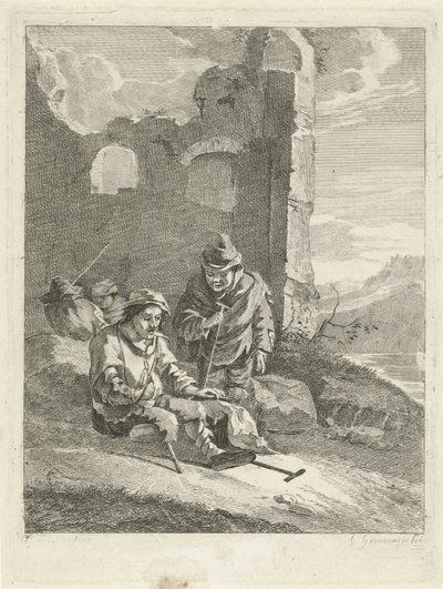 Fire figurer ved en ruin av Gerrit Groenewegen