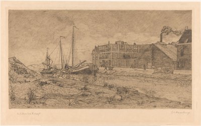 Fortøyde lektere på en fabrikk av Gerrit Haverkamp (signed by artist)
