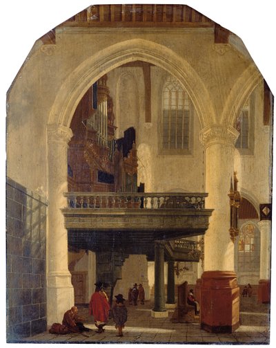 Den vestlige enden av Oude Kerk, Delft, fra den sørlige midtgangen mot nord med orgelloftet av Gerrit Houckgeest