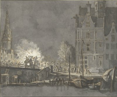 Brenning av tollhusene ved Nieuwebrug i Amsterdam av Gerrit Lamberts