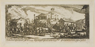 Plyndring og brenning av en landsby, plate syv fra Krigens store elendigheter av Gerrit Lucasz van Schagen