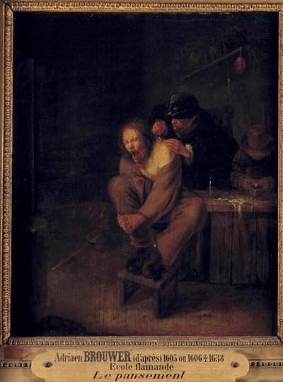 Operasjon (eller påkledning) En kirurg som tar seg av en pasient. Maleri av Gerrit Lundens (1622-1683) etter Adriaen Brouwer (1605/1606-1638). 17. århundre. Dim. 0,32x0,28 m. av Gerrit Lundens