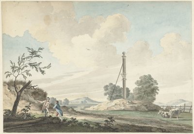 Landskap ved sanddynene med en milepæl og to vandrere av Gerrit Toorenburgh
