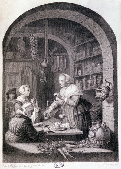 Landsbykjøpmann veier med en balanse. sd. 18. århundre av Gerrit or Gerard (after) Dou