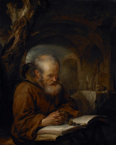 En eremitt ber, 1670 av Gerrit Dou