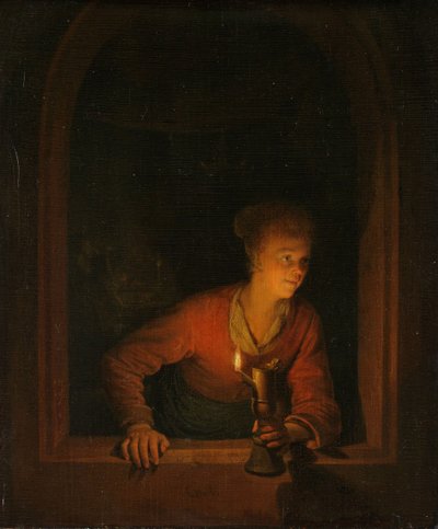 Jente med en oljelampe ved et vindu, 1645-75 av Gerrit Dou