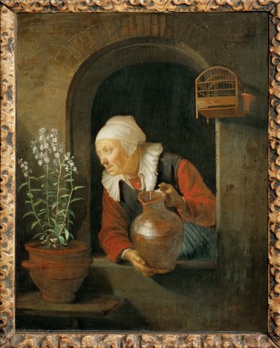 Gammel kvinne ved vinduet som vanner blomstene sine (maleri) av Gerrit or Gerard Dou