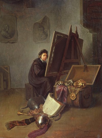Portrett av kunstneren ved staffeli i studioet hans av Gerrit Dou