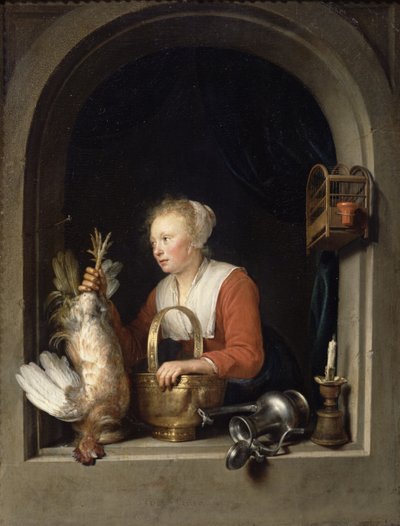 Den nederlandske husmoren eller kvinnen som henger en hane i vinduet, 1650 av Gerrit Dou