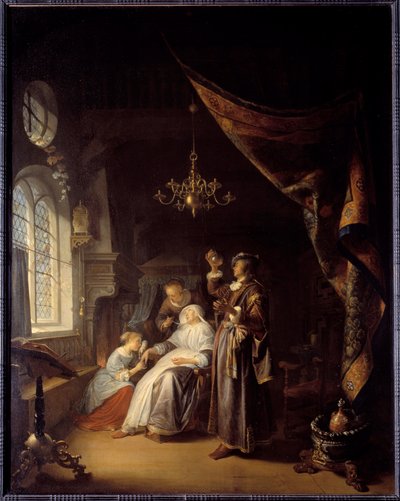 Den hydropiske kvinnen. En lege undersøker urinen til en kvinne med vatter. Maleri av Gerard Dou (1613-1675) Ec. Hol av Gerrit Dou