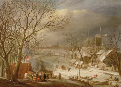 En bryllupsfest ved en frossen elv av Gerrit van Battem
