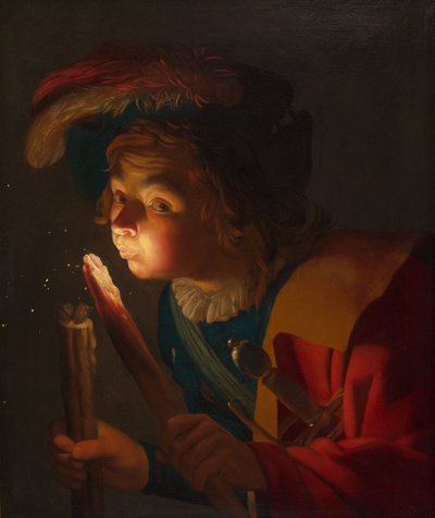 En gutt som blåser på en brann av Gerrit van Honthorst