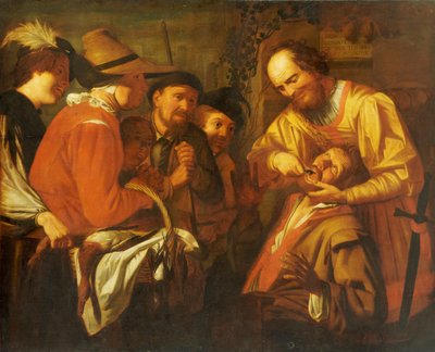 En kvakksalver tannlege trekker ut en tann, mens en gruppe tilskuere ser på i nærheten av Gerrit van Honthorst