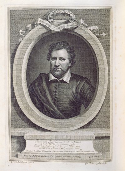 Ben Jonson (1573-1637), gravert av George Vertue (1684-1756), 1730 av Gerrit van Honthorst
