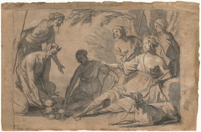 Diana og fire nymfer mottar gaver fra en satyr av Gerrit van Honthorst