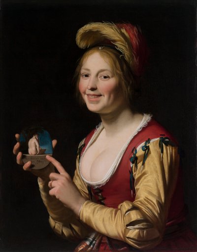 Smilende jente, en kurtisane, holder et obskønt bilde av Gerrit van Honthorst