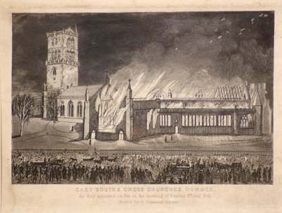 East, South & Cross Churches, Dundee, slik de dukket opp i brann søndag 3. januar 1841, ca. 1841 (radering) av Gershom Gourlay Cumming