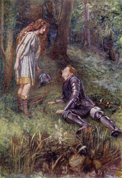 Belphoebe hjelper Timias (farge litho) av Gertrude E. Demain (after) Hammond