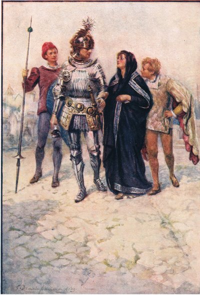Prins Arthur leder Belge og hennes sønner inn i slottet, Stories from the Faerie Queen utgitt av George Harrap and Company av Gertrude E. Demain (after) Hammond